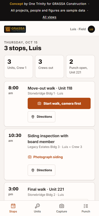 Field app: tomorrow's stops, camera first