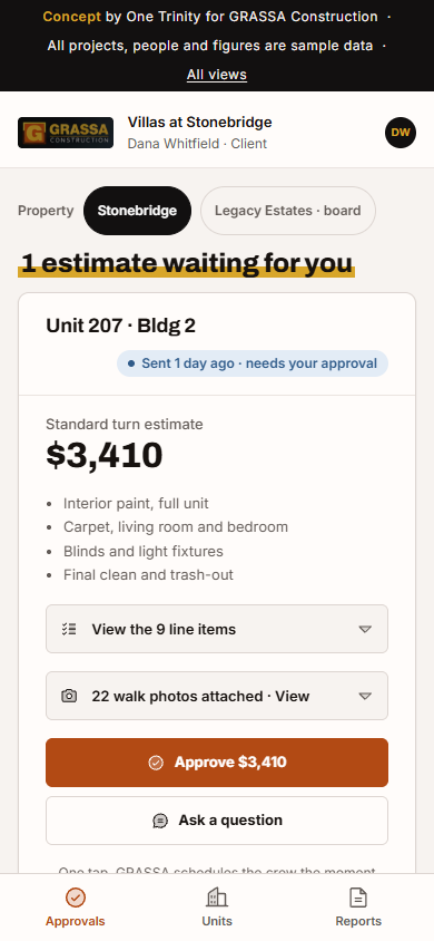 Client portal: unit estimate with one-tap approval