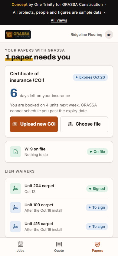 Subcontractor app: insurance certificate expiring